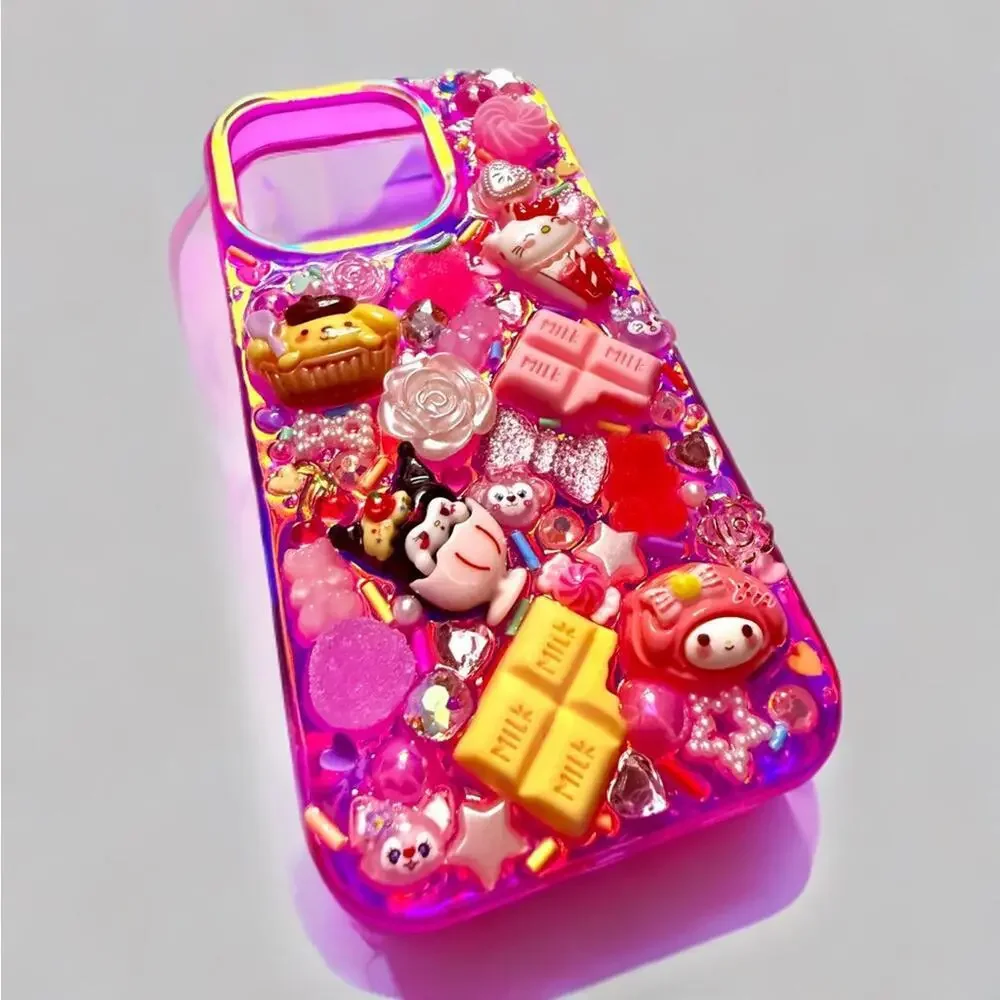 Decoden Junk Style Phone Case, iPhone 16 PRO Handmade Sanrio Theme Hot Pink